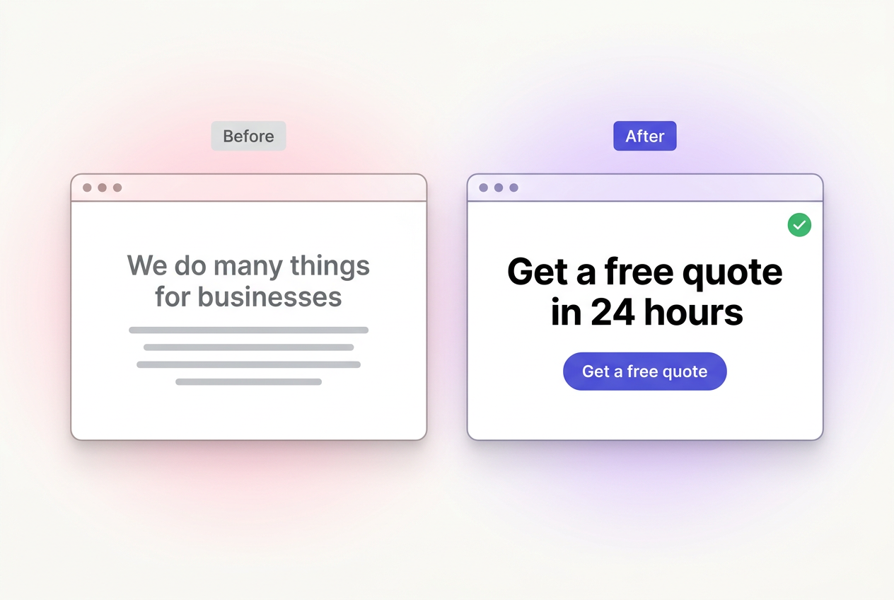 Before and after: a confusing homepage versus a clear homepage with a single bold call-to-action